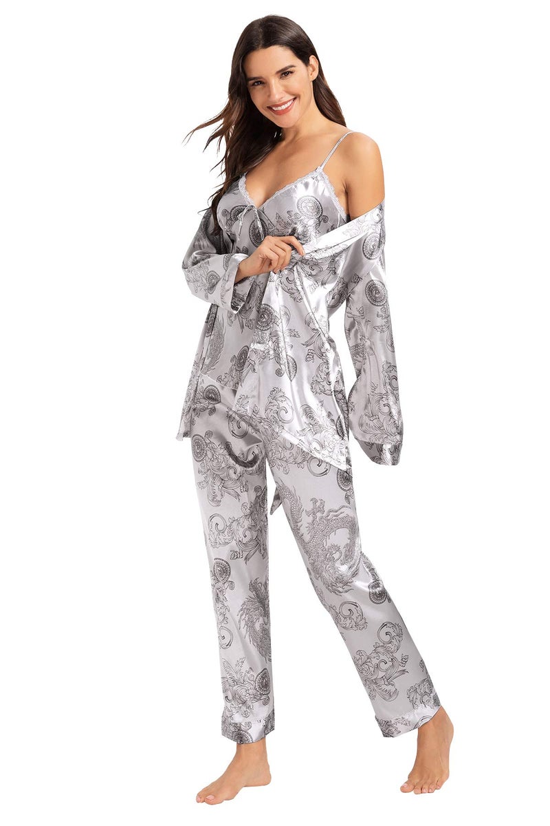 Escalier Women's Silk Satin Pajamas Set 3 Pcs Floral Silky Pj Sets Sleepwear Cami Nightwear with Robe and Pants Grey L - Image 3